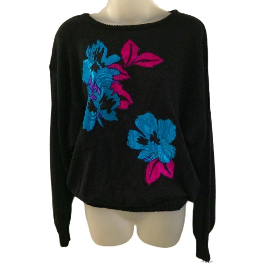 TanJay 80’s Vintage Floral Appliqué L/S Crew Neck Pullover Sweater Women’s Large